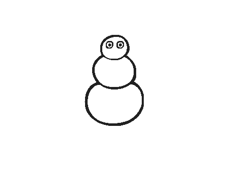 A simple black line drawing of a three-part snowman with Kero’s large round eyes on a white background.