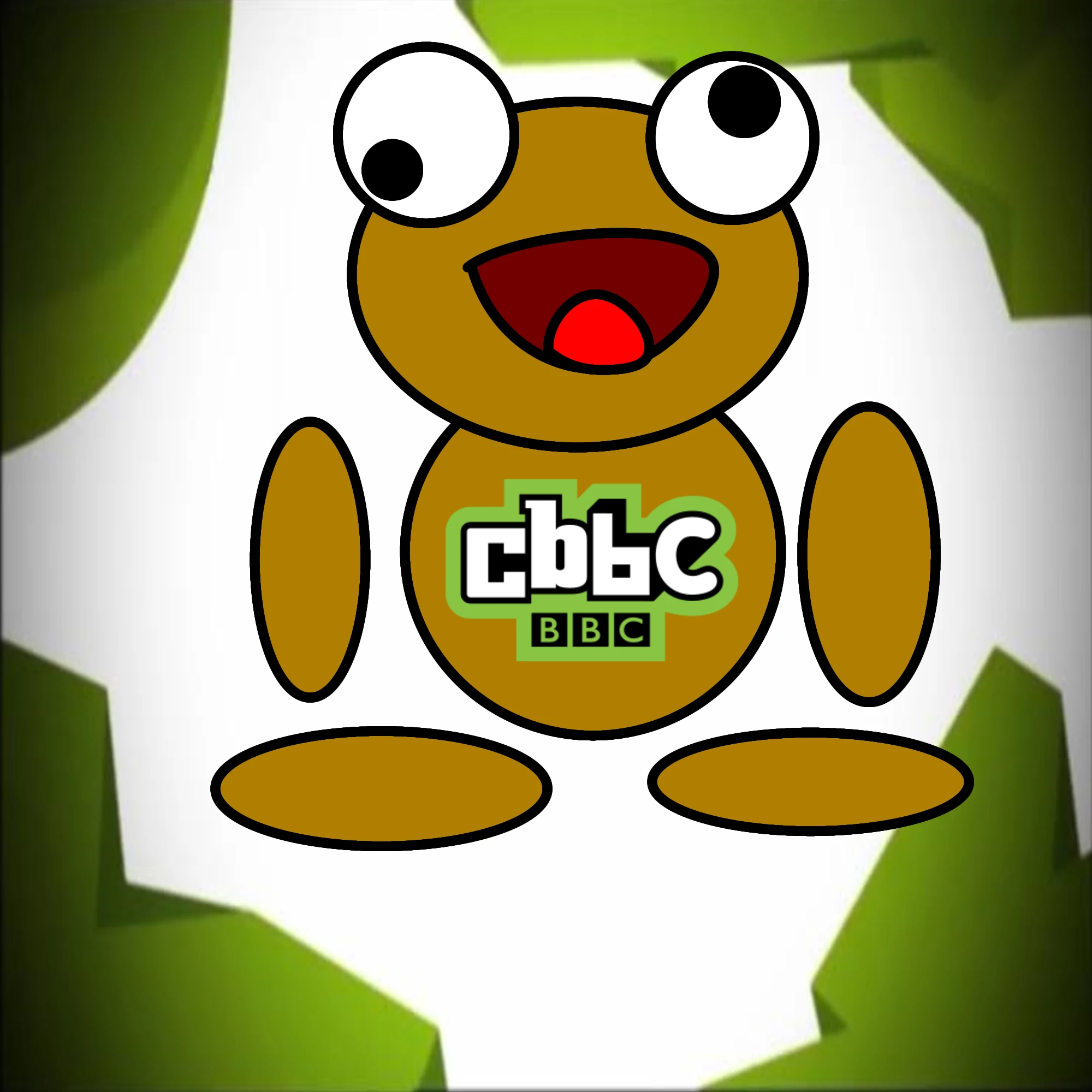 A brown Kero made of simple shapes with thick black outlines: a round head with two big white eyes whose black pupils look different ways, a wide dark red open mouth with a red tongue, a round body with the green and white CBBC and BBC logo on it, two oval arms and two flat oval feet, all drawn apart from each other. Behind him, a white background is framed by jagged green shapes that darken towards the corners.