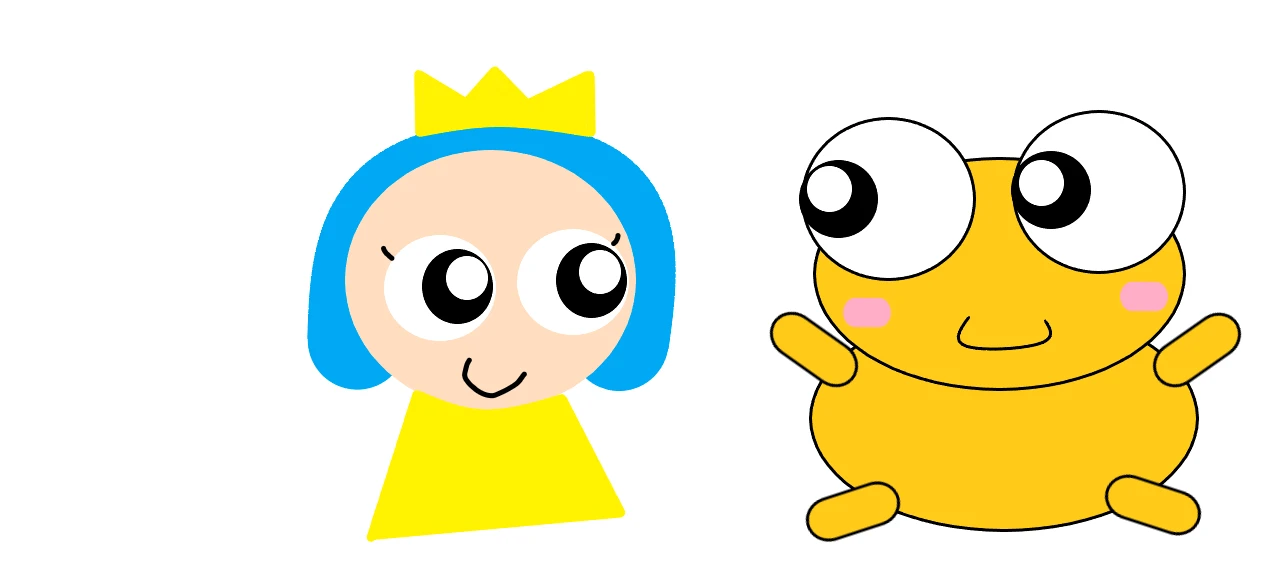 On a plain white background, a smiling girl with a pale round face, big round eyes, shoulder-length blue hair, a yellow crown and a yellow triangle dress stands on the left. On the right is a round golden Kero with huge white eyes, pink cheeks, a small smile and four short limbs.
