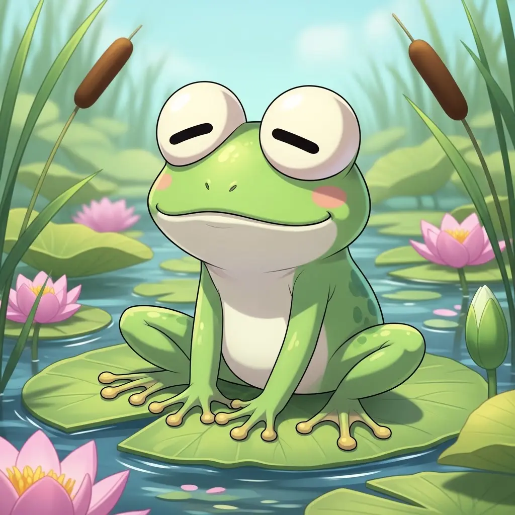A green frog with large cream eyes and pink cheeks sits on a lily pad in a pond surrounded by pink flowers and reeds.