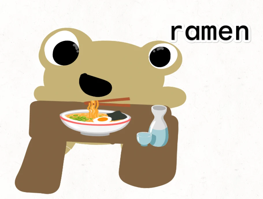 Cropped fan drawing of Kero behind a brown table holding a bowl of ramen with chopsticks and a small bottle and cup, with “ramen” lettering.