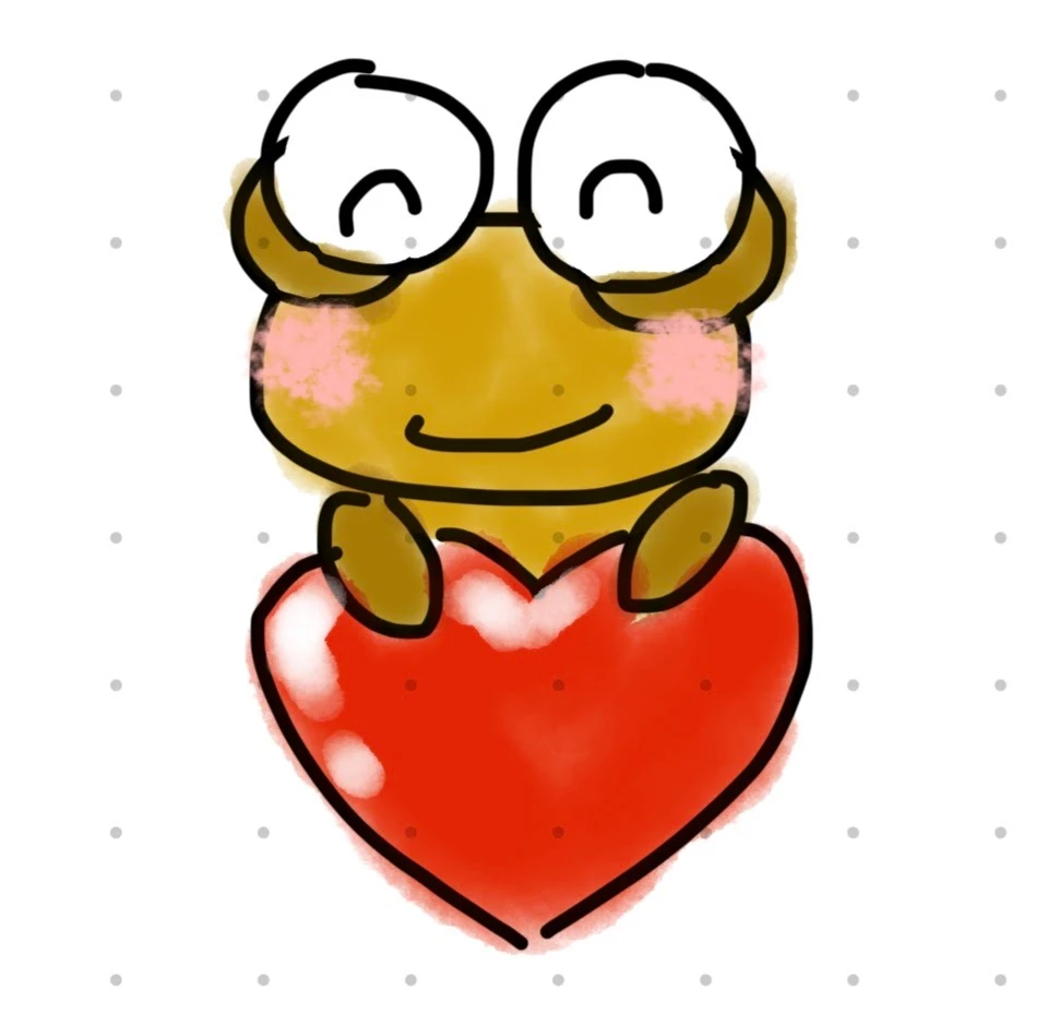A soft watercolour Kero with happy closed eyes and pink cheeks hugging a large red heart, on a dotted white background.