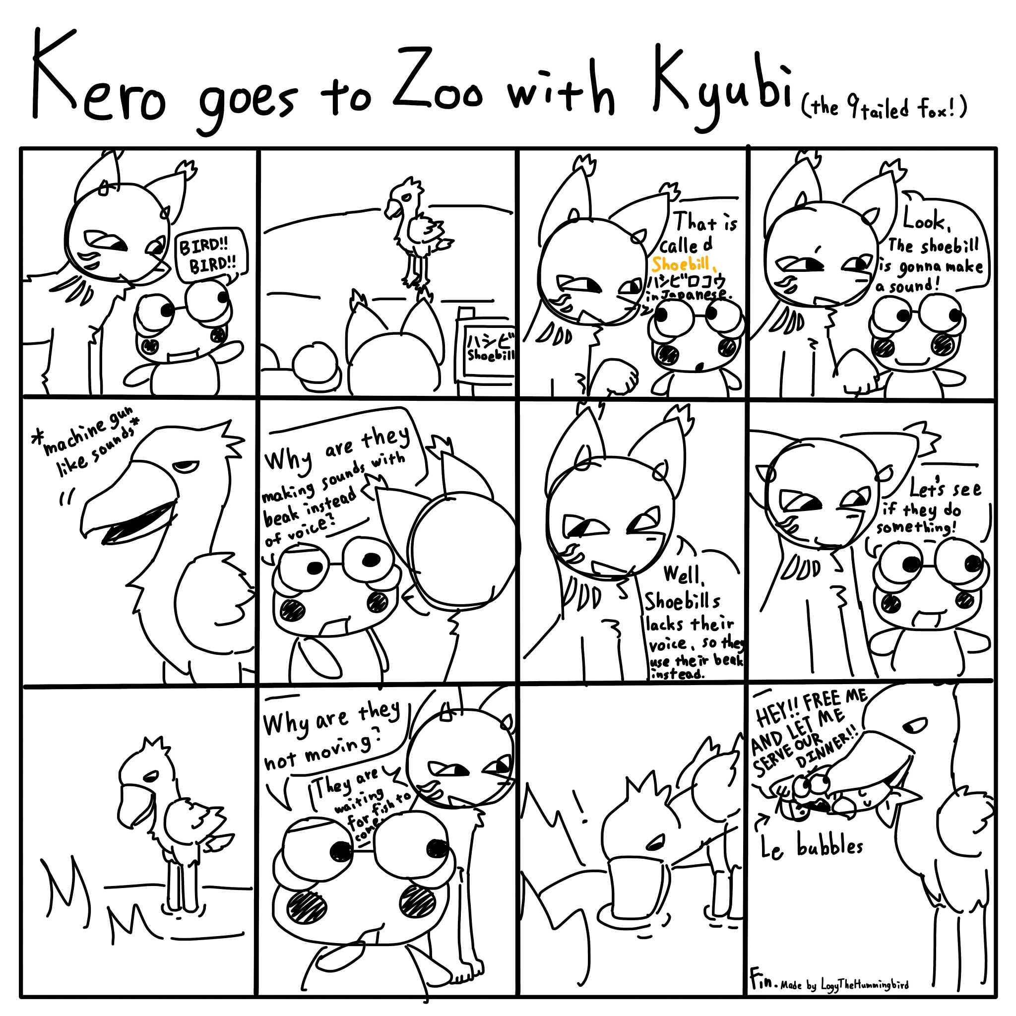 A twelve-panel black-and-white manga titled “Kero goes to Zoo with Kyubi”, in which Kero and a fox character watch a shoebill that claps its beak like a machine gun, stands still, then grabs Kero in its beak.