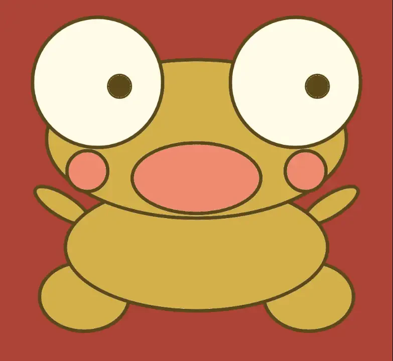 A playful drawing of golden Kero with wide eyes and pink cheeks against a bright blue background.