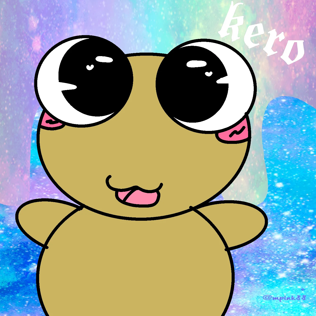 Kero with huge sparkling eyes, pink cheeks and a little tongue out, arms open against a pastel starry galaxy with “kero” lettering.