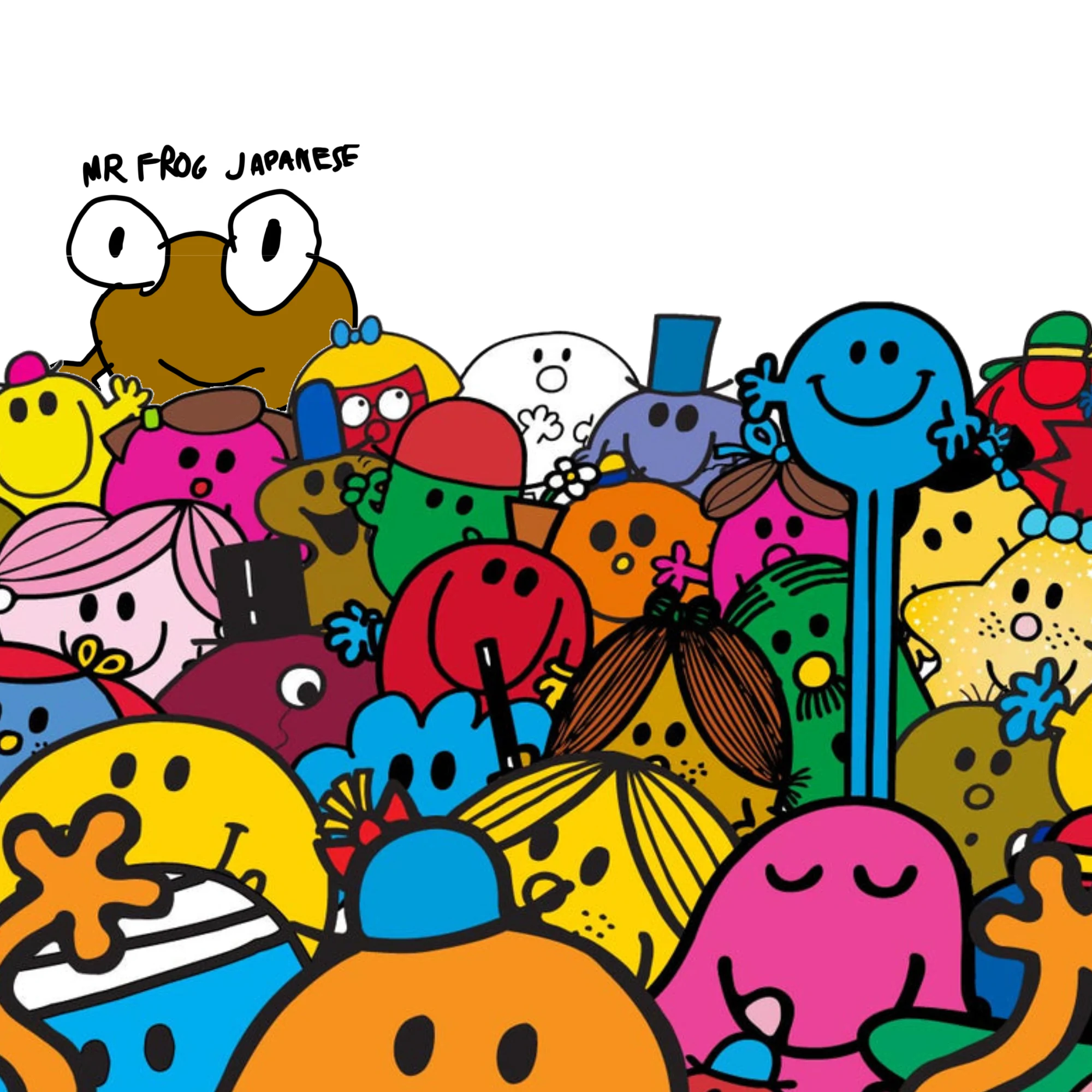 A packed crowd of colourful round Mr. Men and Little Miss characters, with a hand-drawn brown Kero with big white eyes peeking out at the top left under the handwritten words MR FROG JAPANESE.