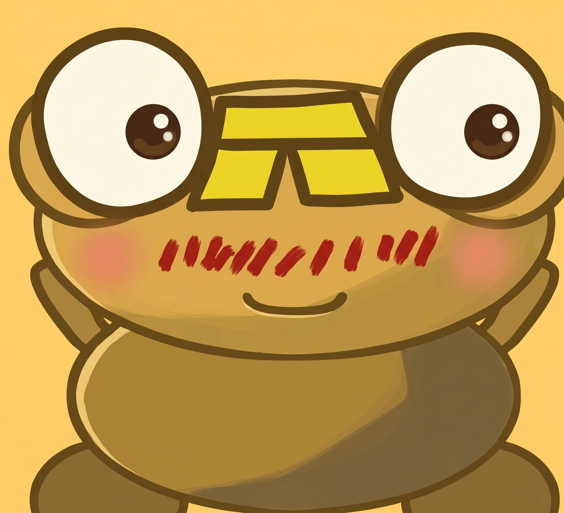 A blushing Kero with a golden fringe of hair and thick round glasses around his big eyes, smiling on an orange background.