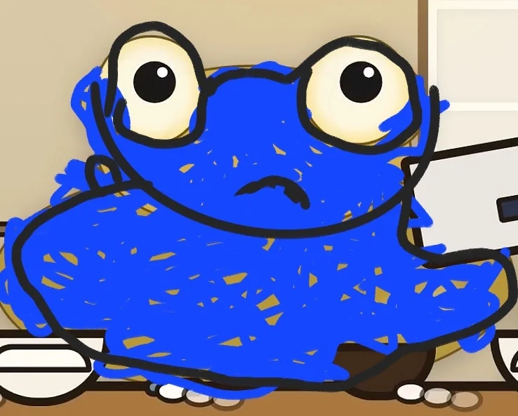 A scene from the Kero Learns Japanese animation in which Kero, at a desk with a computer, has been scribbled over in thick blue so his body is a huge round blueberry, with only his big eyes and worried face showing.