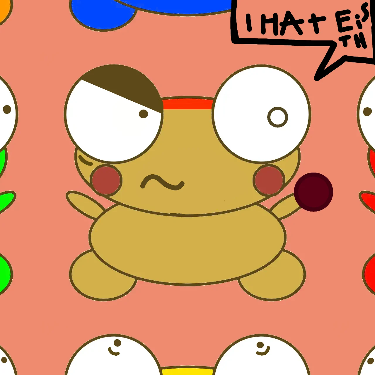 A frowning Kero with one angry eyebrow and a wavy mouth, beside a hand-lettered speech bubble on a coral background.