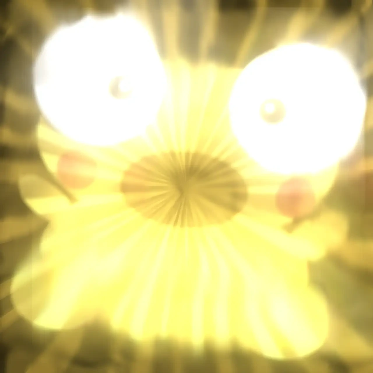 A square fan artwork of Kero’s wide eyes and rosy cheeks glowing brightly inside a golden burst.