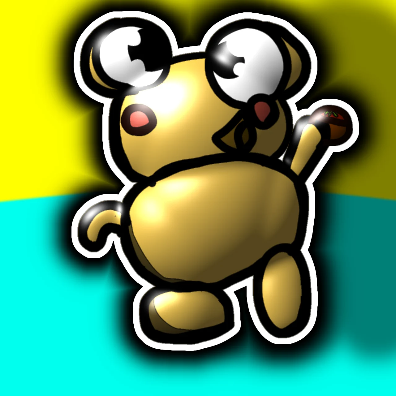 A glossy golden Kero with a white sticker outline, stepping forward on a bright yellow and turquoise background.