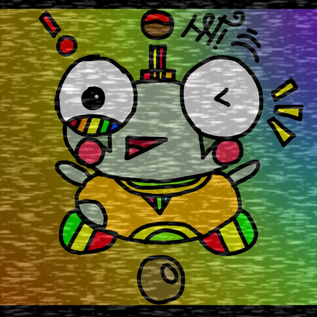 A winking Kero with rosy cheeks, a rainbow stripe under one eye and rainbow-striped feet sits on a streaky background that fades from amber through green to purple, with scribbled lettering and exclamation marks around him.