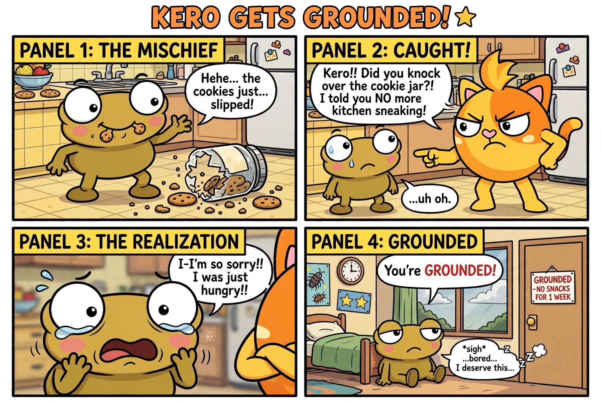Four-panel fan comic of Kero spilling cookies, facing an angry orange character, apologising and sitting on his bed.