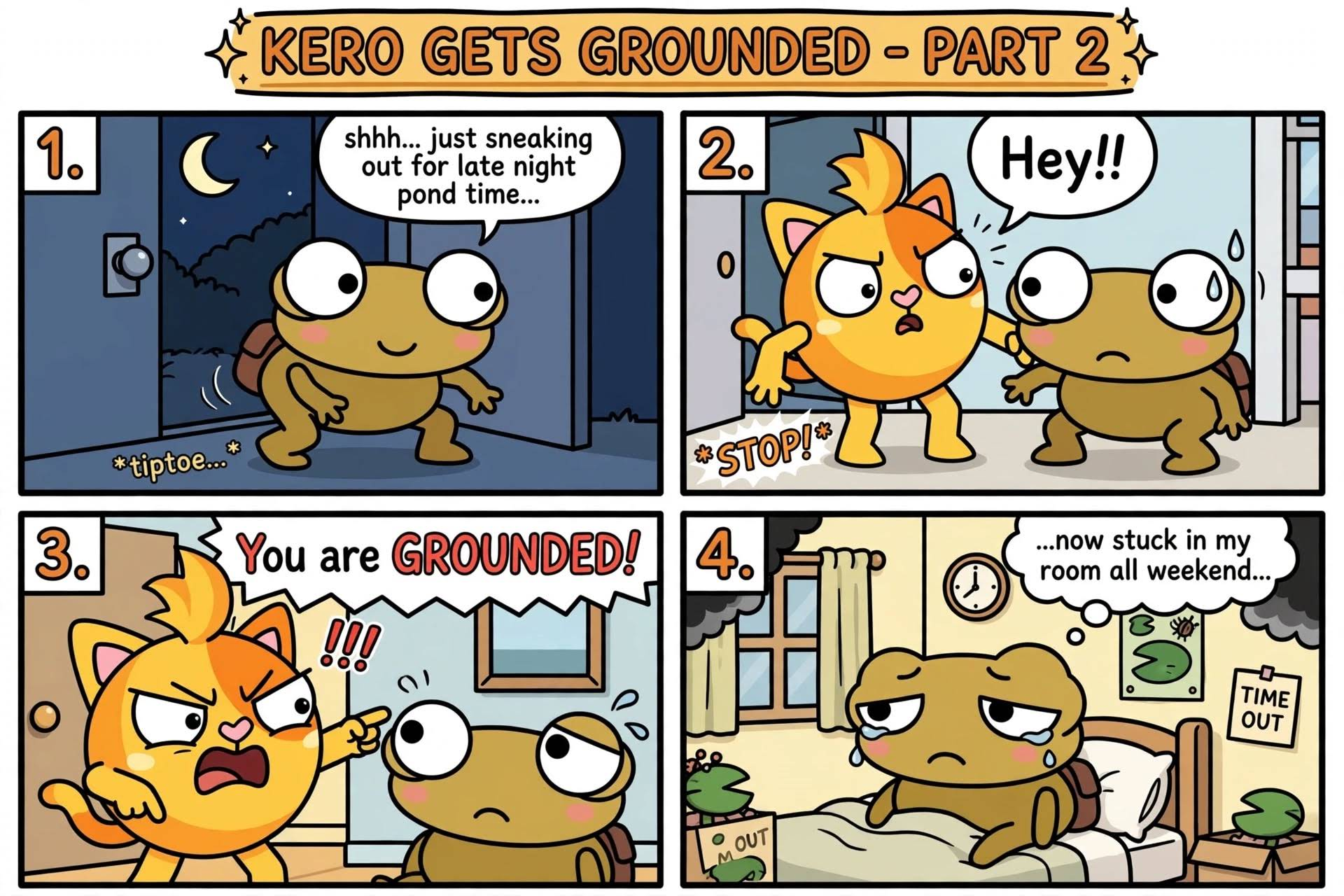 Four-panel fan comic showing Kero sneaking out at night, being caught by an orange character and sitting in his room.