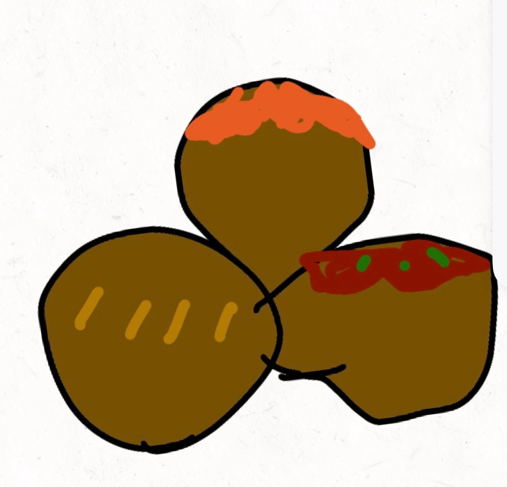 Three hand-drawn brown octopus balls in a cluster on a white background: one with an orange topping, one with golden stripes and one covered in dark red sauce with green specks.