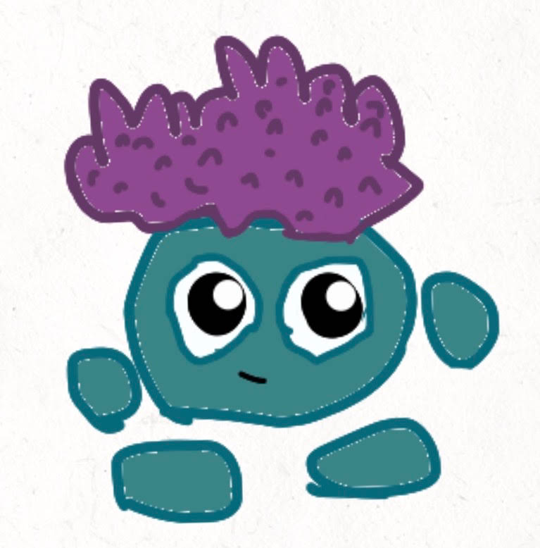 A hand-drawn teal character with large black-and-white eyes, small rounded arms and feet, and a spiky purple crown-like shape above its head.