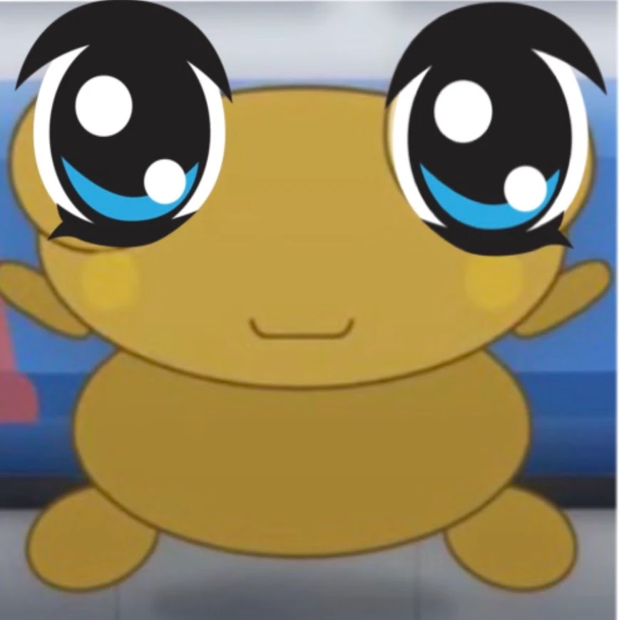 An edit of Kero from the show with large glossy black-and-blue anime eyes and white highlights, smiling softly with his arms out against a blurred blue background.