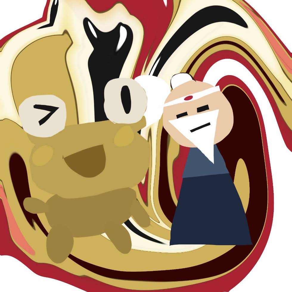 A colourful fan-art portrait of golden Kero beside Sensei, framed by sweeping red, cream and gold shapes.