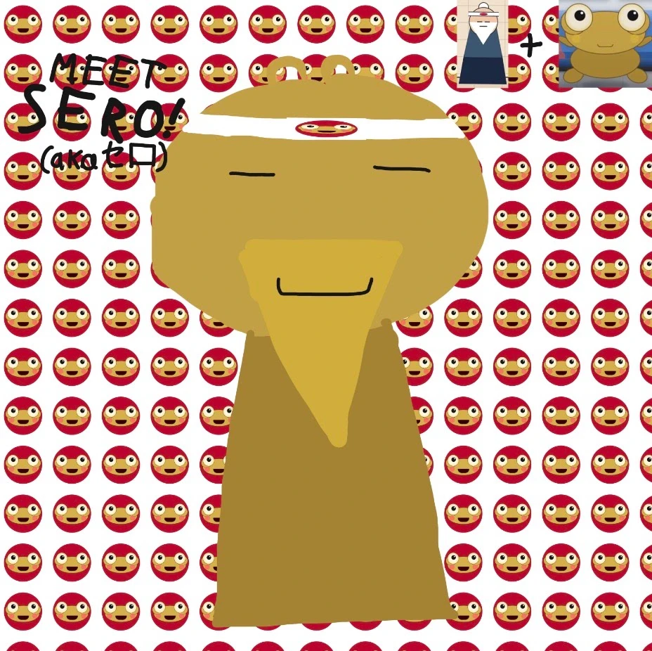 ProfilyPiccy’s fan character Sero, with Kero’s golden colour and eye bumps under Sensei’s white headband, closed-eyed smile, long beard and robe shape, on a background of repeated red Kero face icons, with “MEET SERO! (aka セロ)” lettering and small Sensei and Kero reference pictures in the top corner.