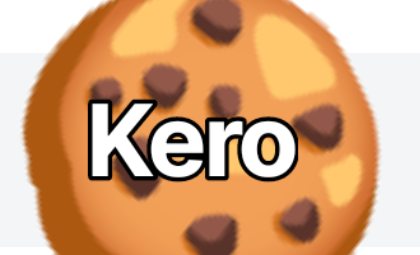 A close crop of a round chocolate-chip cookie with bold Kero lettering across the centre.