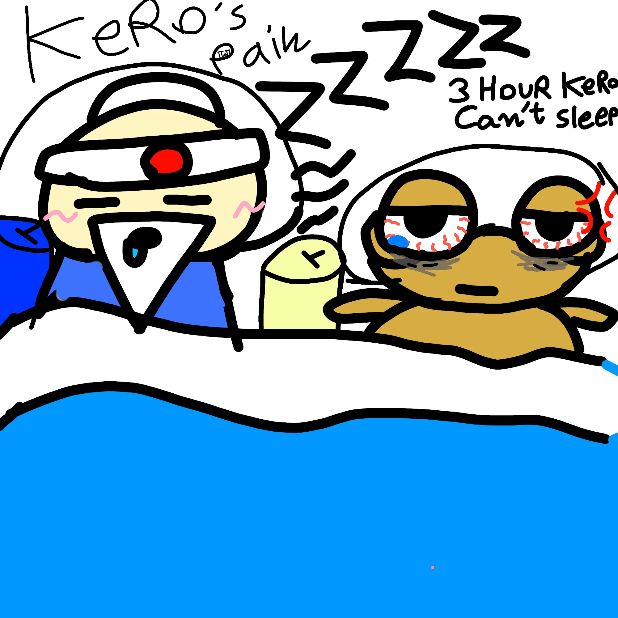 Sensei sleeps under a blue blanket, snoring a big stream of Zs, while Kero lies beside him wide awake with tired red eyes and an annoyed vein mark, with the lettering “Kero’s pain” and “3 hour Kero can’t sleep”.