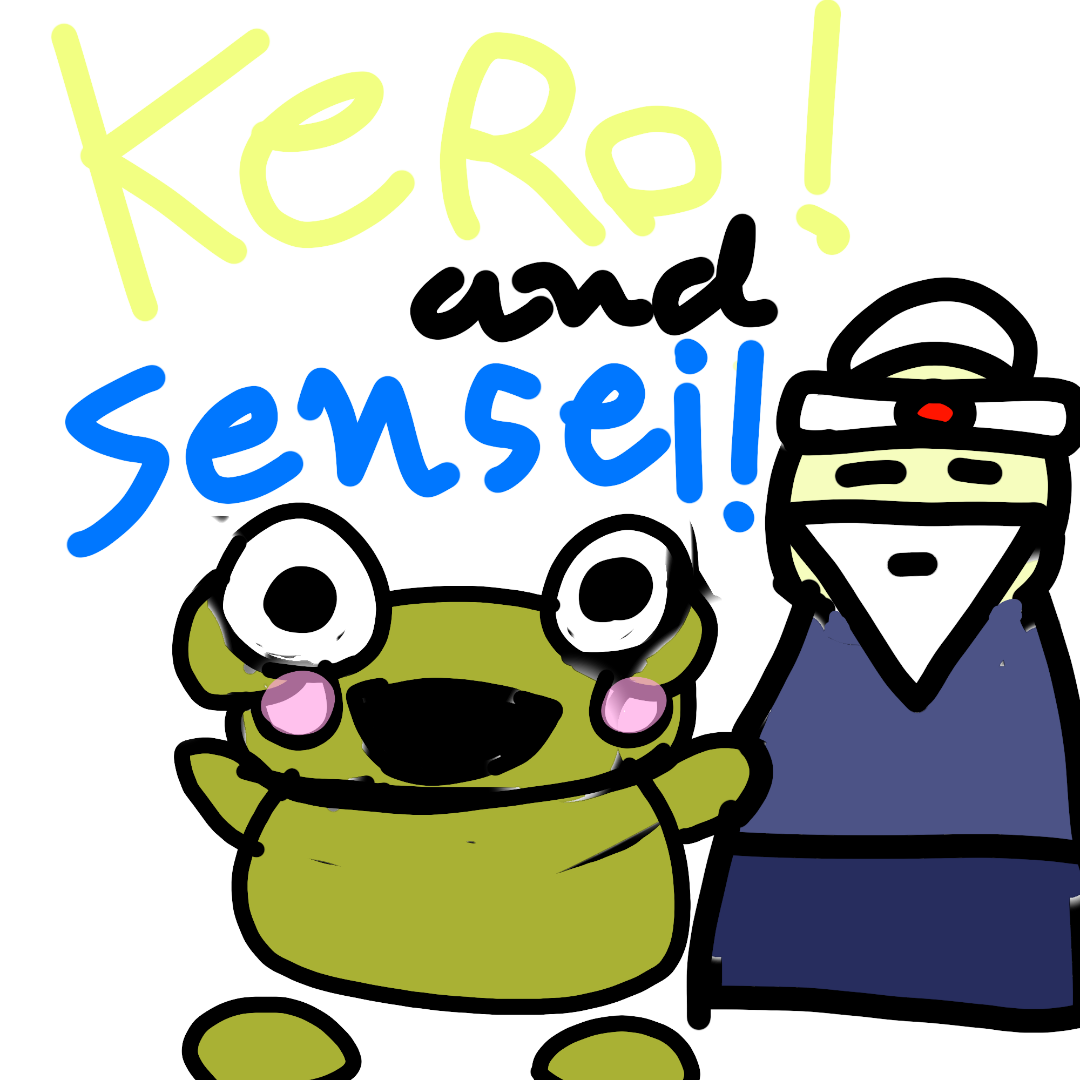 A green-gold Kero with a huge open smile stands beside Sensei under yellow and blue Kero and Sensei lettering.
