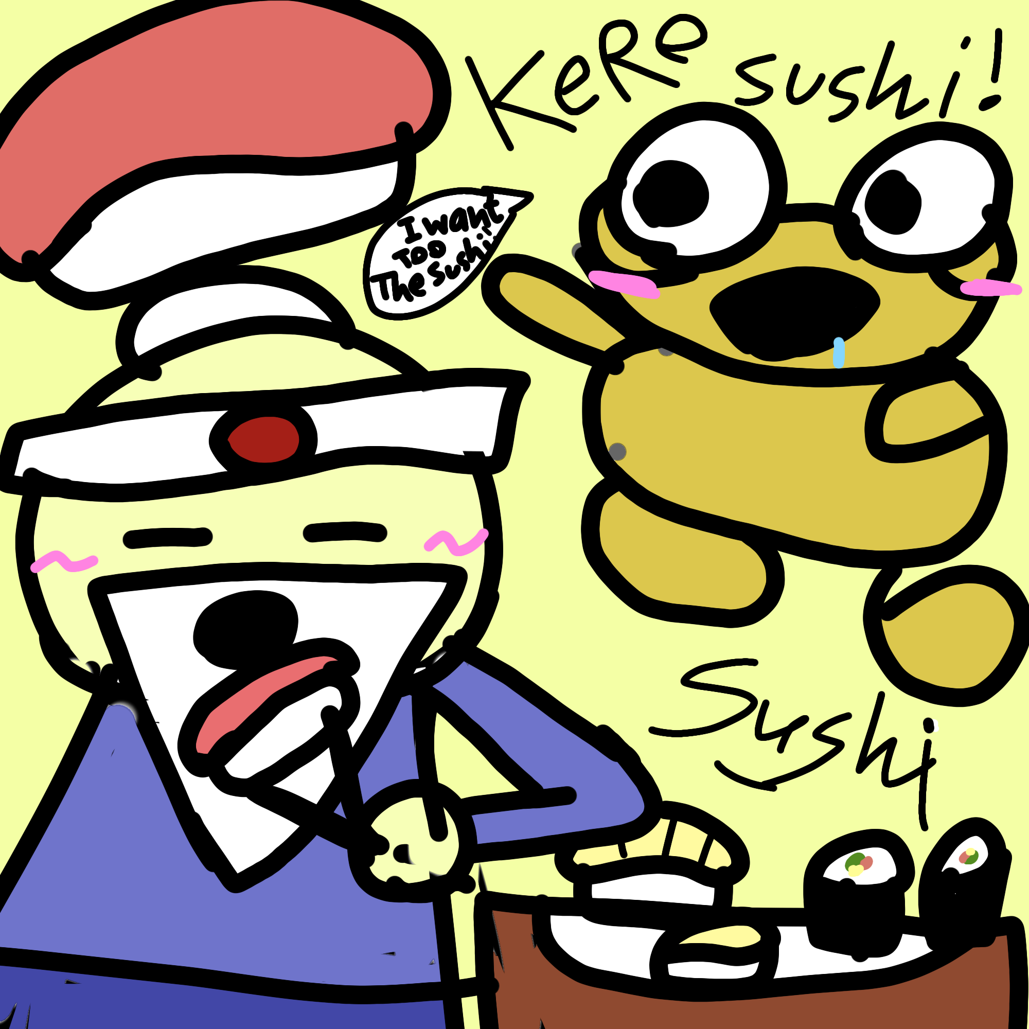 Bold colourful drawing of a delighted Kero and Sensei preparing sushi, with a large salmon nigiri above them.
