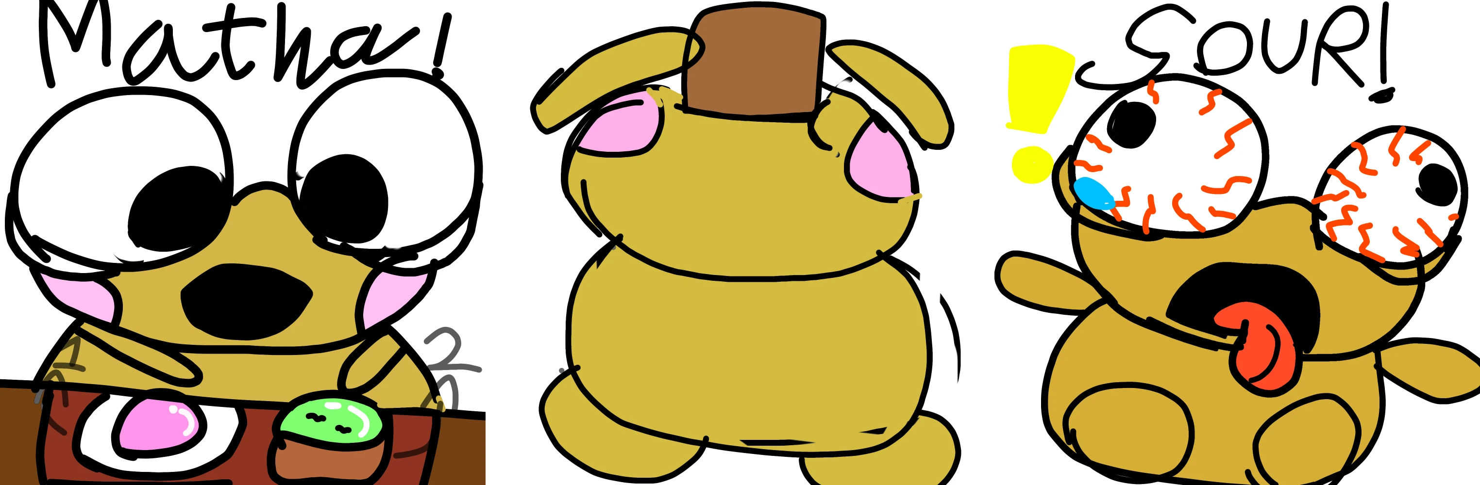 Three panels: Kero at a table with pink mochi and a green matcha cup under “Matcha!”; Kero tipping the cup back to drink; Kero with bloodshot eyes and tongue out under “SOUR!”.