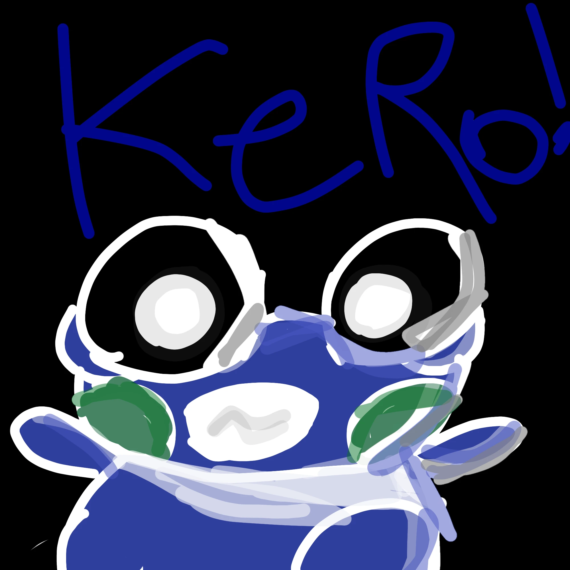 A colour-inverted Kero drawing in deep blue with white outlines, dark eyes, green cheeks and a small smile, under big blue “KeRo!” lettering on a black background.