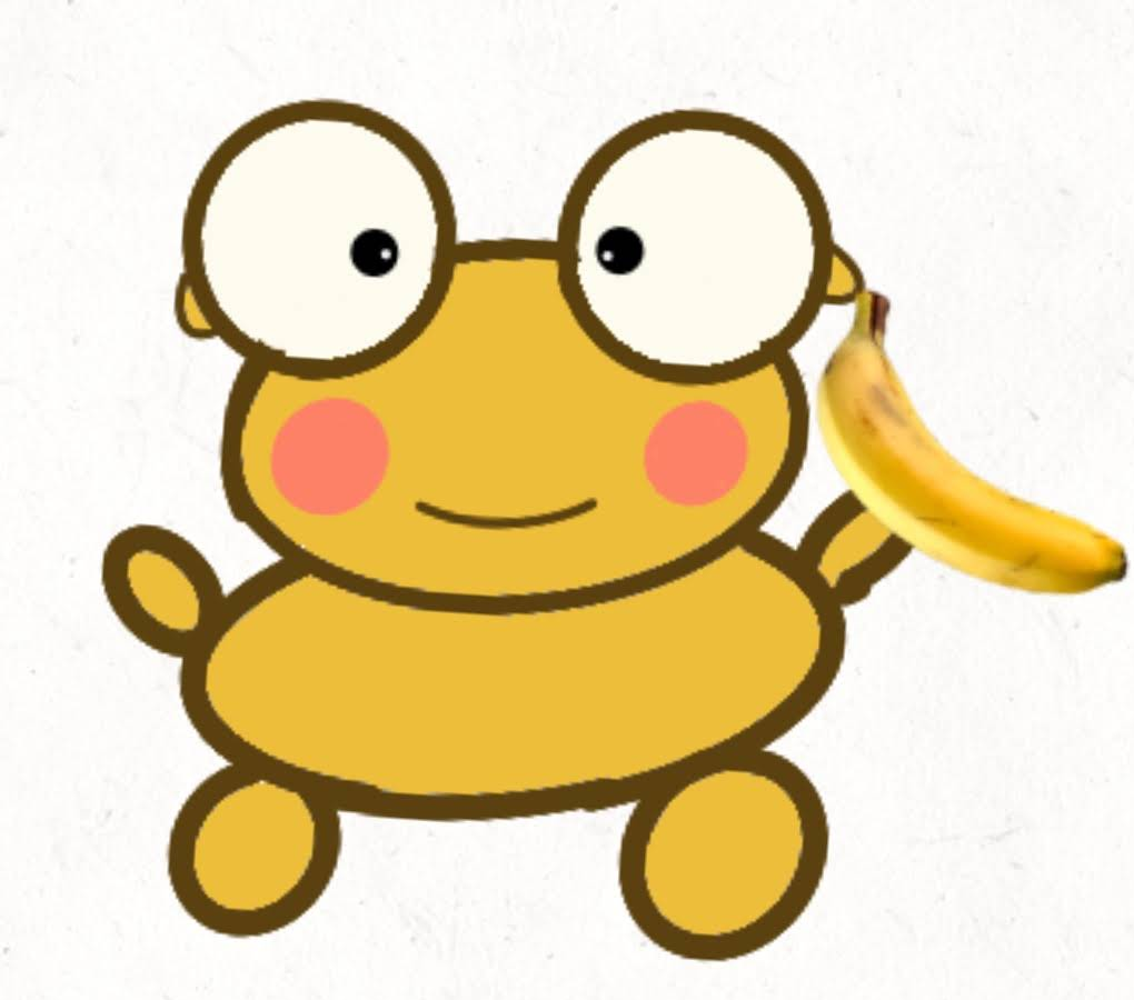 A cropped fan drawing of golden Kero with wide eyes and pink cheeks holding a yellow banana against a lightly textured white background.
