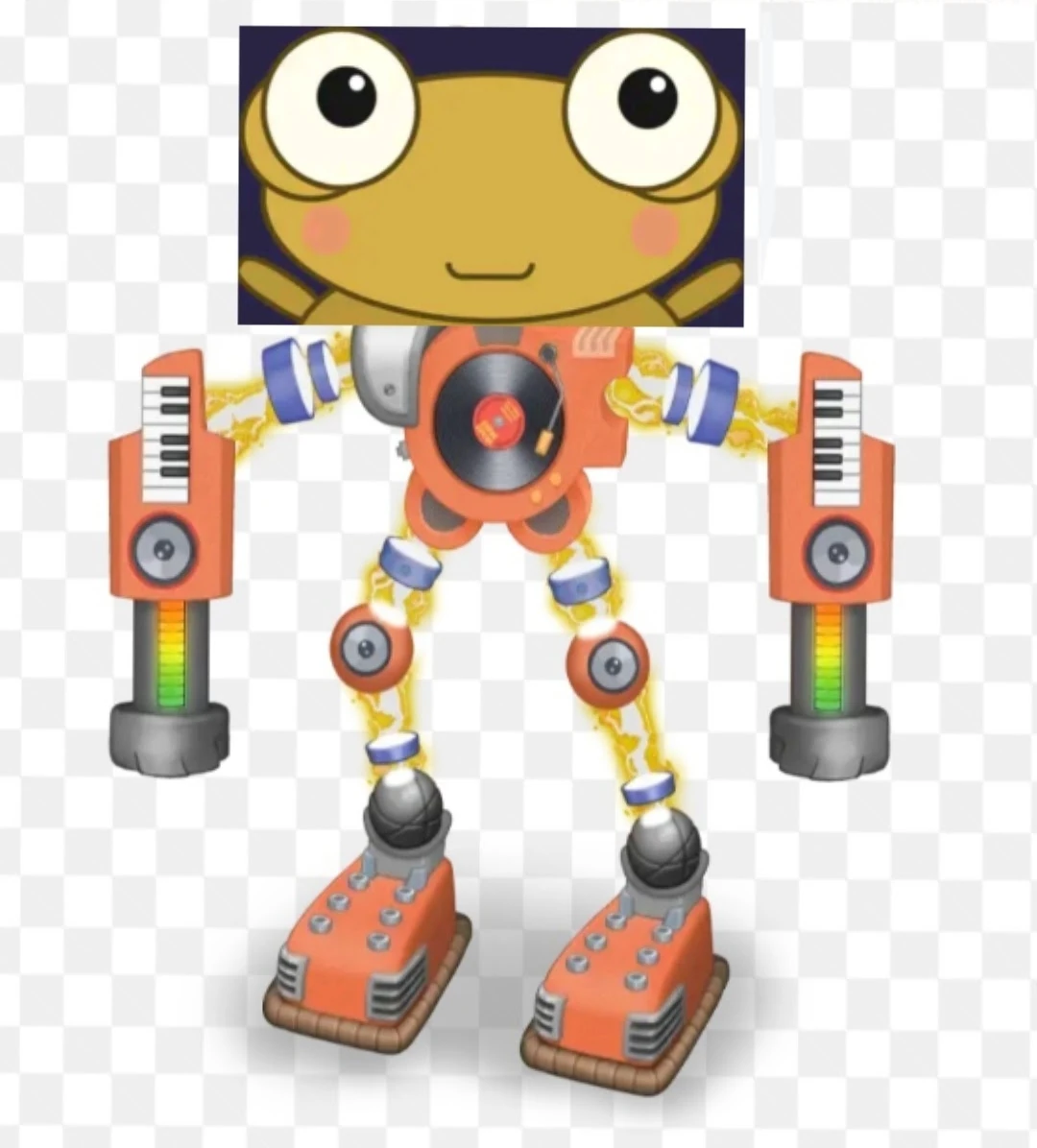 A picture made in a drawing app on a grey and white checked background. A rectangle cut from a picture of golden Kero, smiling with big round eyes and pink cheeks on dark purple, sits as the head of an orange robot with a record player on its chest, keyboard and speaker arms with green and yellow level lights, round speaker knees, blue and white rings at the joints linked by yellow sparks, and big orange feet on brown treads.