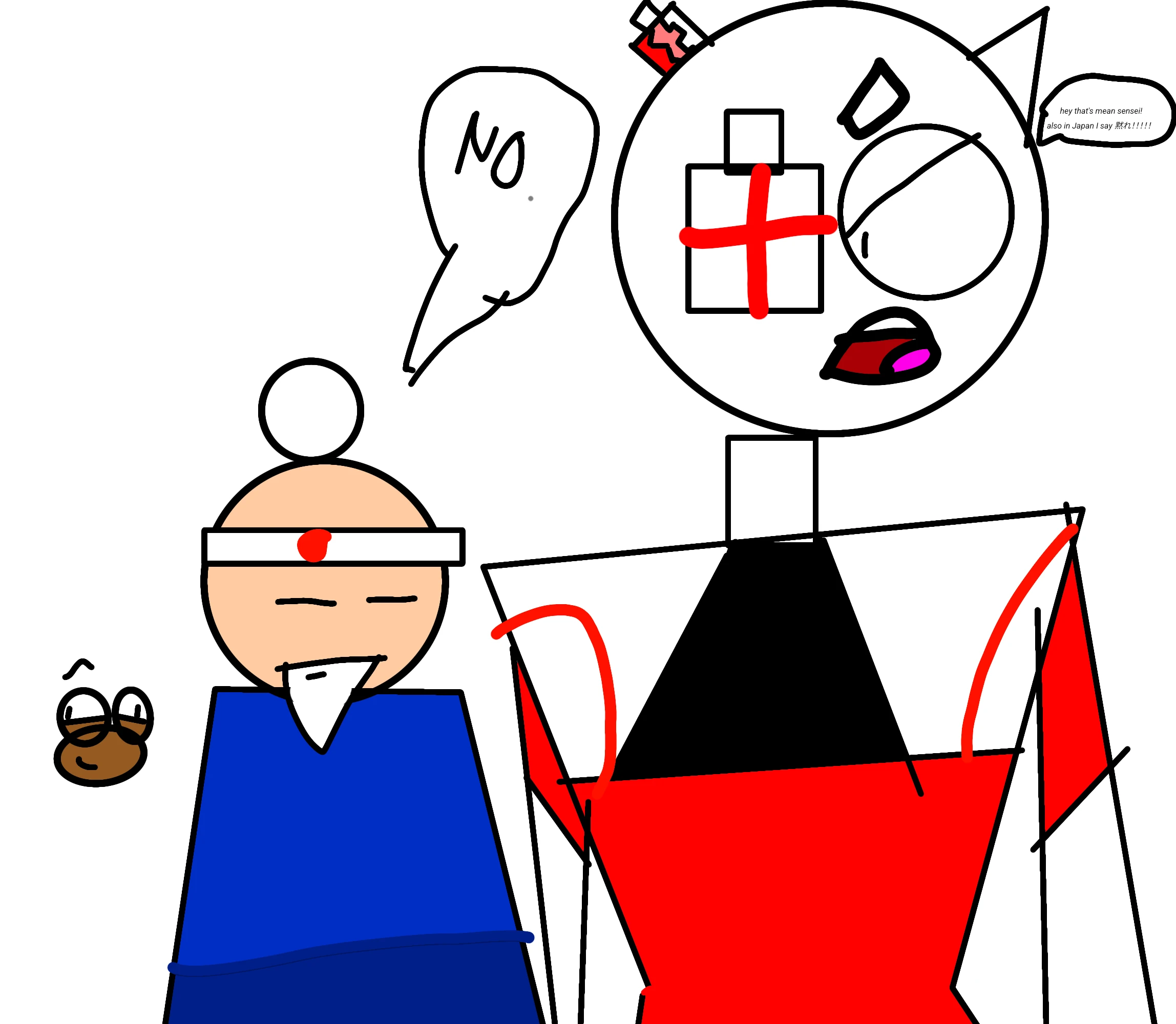A digital drawing on white. On the right, Riolarp, a tall figure with a big round white head, one pointed ear, a battery-shaped eye with a red plus sign, a big round eye under an angry brow and an open shouting mouth, wears red clothes with a black front and a white collar. In the middle, Sensei, with a bald peach head, a round topknot, a white headband with a red dot, eyes drawn as short lines, a white pointed beard and a blue robe, says NO in a big speech bubble. A small brown Kero with sleepy half-closed eyes and a little smile peeks in at the bottom left, and Riolarp’s speech bubble at the top right reads hey that’s mean sensei! also in Japan I say 黙れ!!!!!