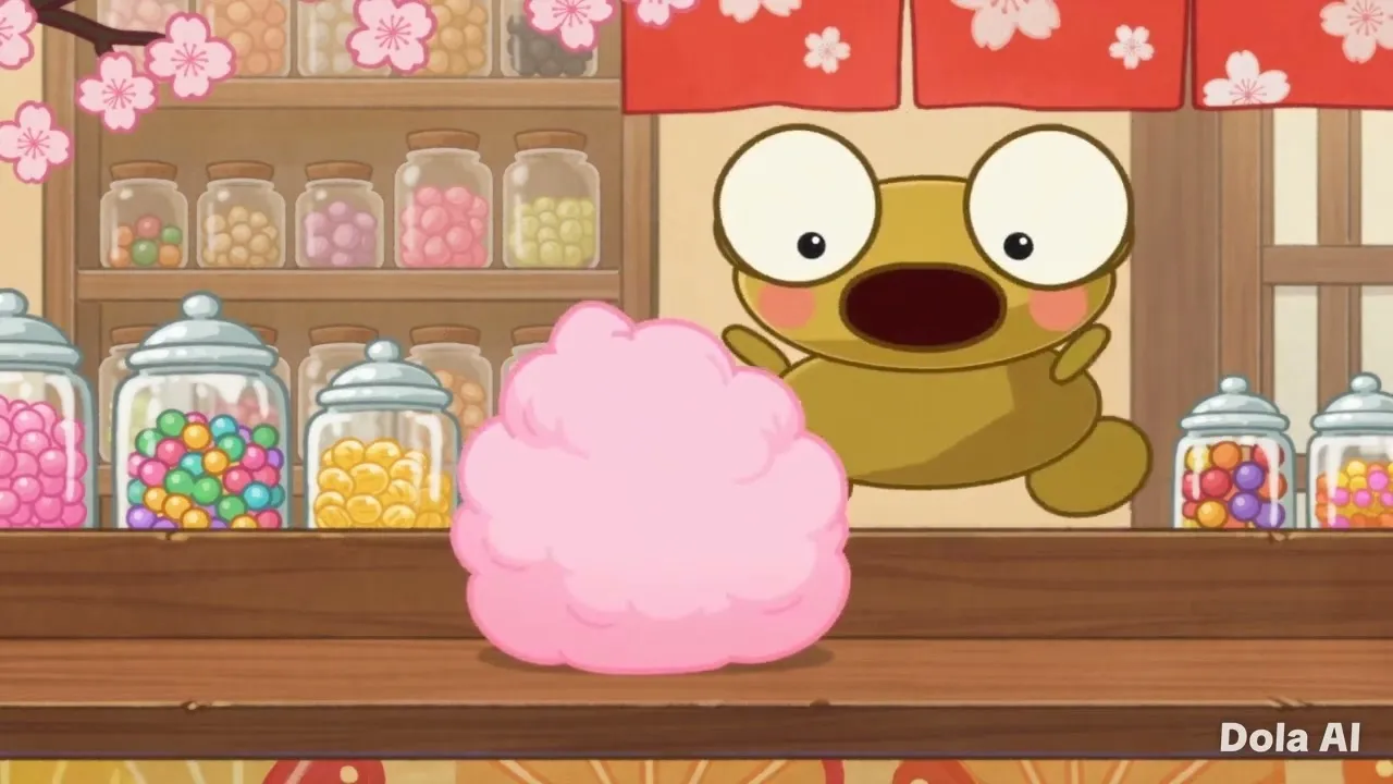Fan-video thumbnail of a 2D golden Kero with huge eyes and a wide-open mouth leaning over a sweet-shop counter towards a giant pink cotton candy, with jars of colourful sweets, cherry blossoms and a red curtain printed with sakura behind him. The original Dola AI watermark is visible.