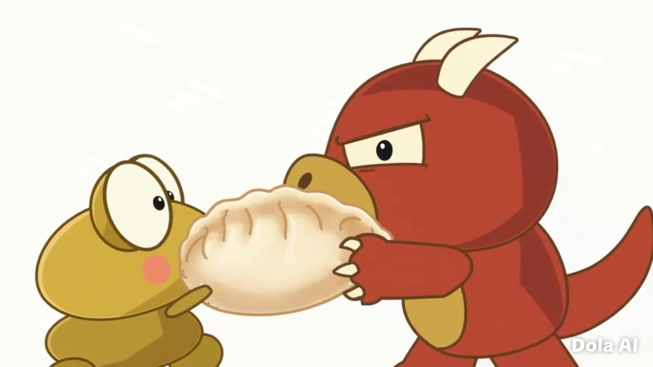Fan-video thumbnail showing golden Kero and red Goro pulling at opposite ends of one big gyoza on a white background. The original Dola AI watermark is visible.