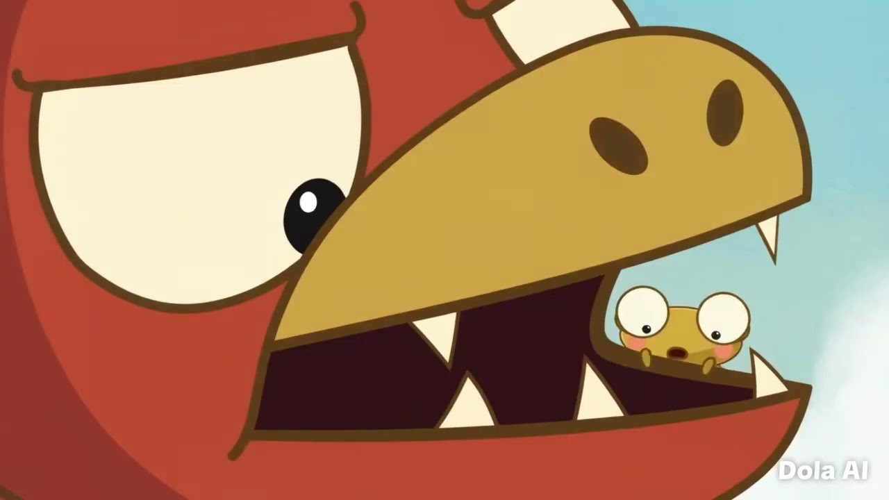 Fan-video thumbnail of red Goro opening his giant mouth while tiny golden Kero peers out between the teeth. The original Dola AI watermark is visible.