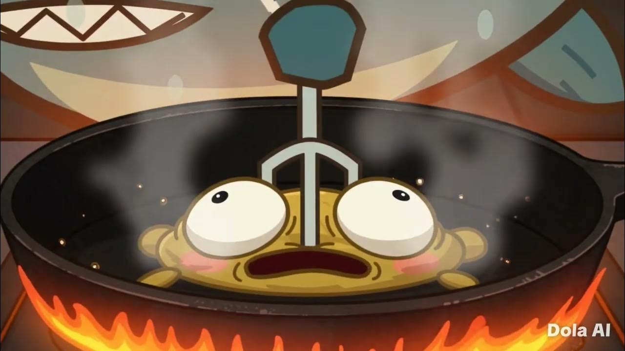 Fan-video thumbnail of a frightened golden Kero in a steaming black pan over flames, with a large fork and grinning fish behind him. The original Dola AI watermark is visible.