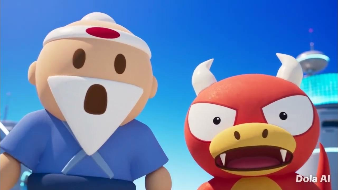 Fan-video thumbnail of a surprised Sensei in blue beside red Goro, against a bright blue futuristic backdrop. The original Dola AI watermark is visible.