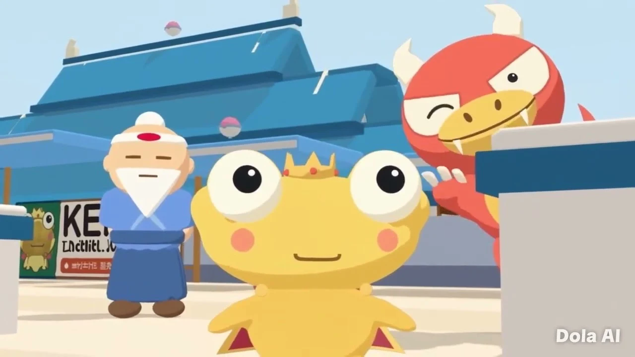 Fan-video thumbnail showing crowned golden Kero in front of a blue KeroTown building, with Sensei on the left and red Goro behind him. The original Dola AI watermark is visible.