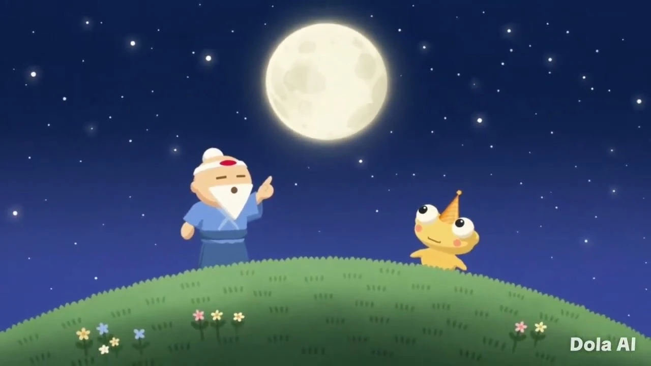 Fan-video thumbnail showing Sensei pointing up at a big full moon while a golden Kero in a party hat looks on from a grassy hill under a starry sky. The original Dola AI watermark is visible.