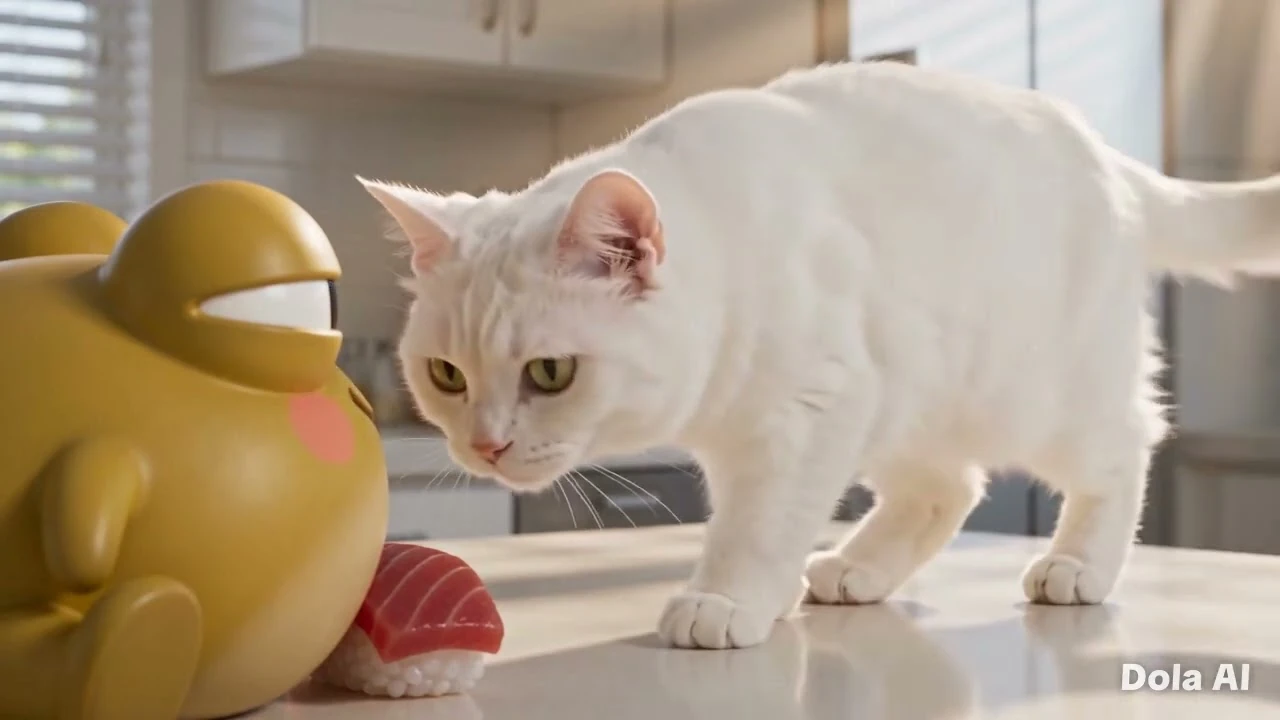 Fan-video thumbnail of a glossy golden 3D Kero sitting beside a piece of tuna nigiri on a kitchen counter while a white cat creeps towards the sushi. The original Dola AI watermark is visible.