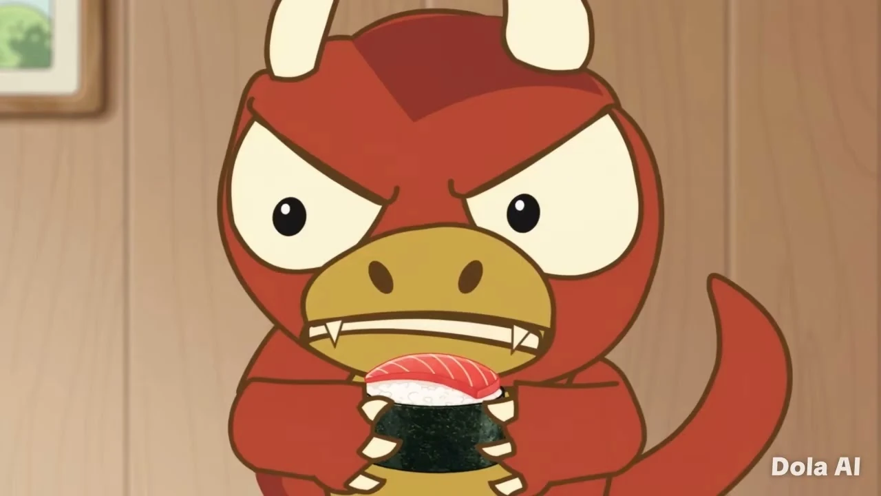 Fan-video thumbnail of red, horned Goro scowling and baring his fangs as he clutches a piece of salmon sushi wrapped in nori, in a wood-panelled room. The original Dola AI watermark is visible.