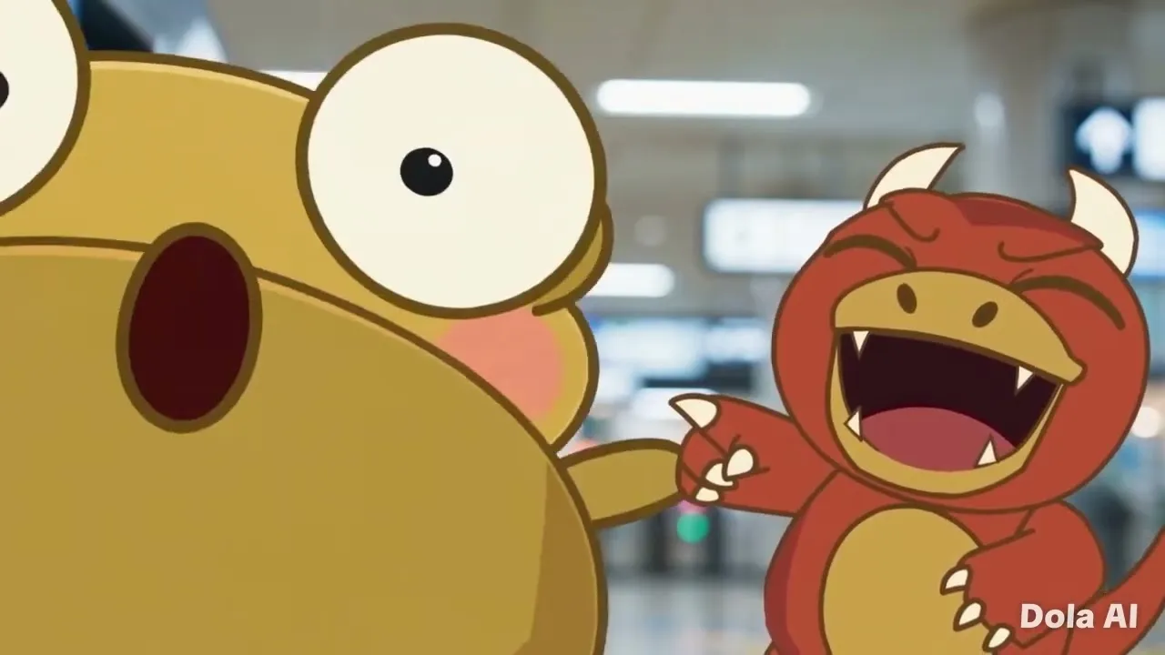 Fan-video thumbnail of a 2D golden Kero in close-up on the left, wide-eyed with a round open mouth and a pink cheek, while red, horned Goro laughs with his fangs showing and points a clawed hand at him, in front of a blurred, brightly lit concourse with ceiling lights and overhead signs. The original Dola AI watermark is visible.