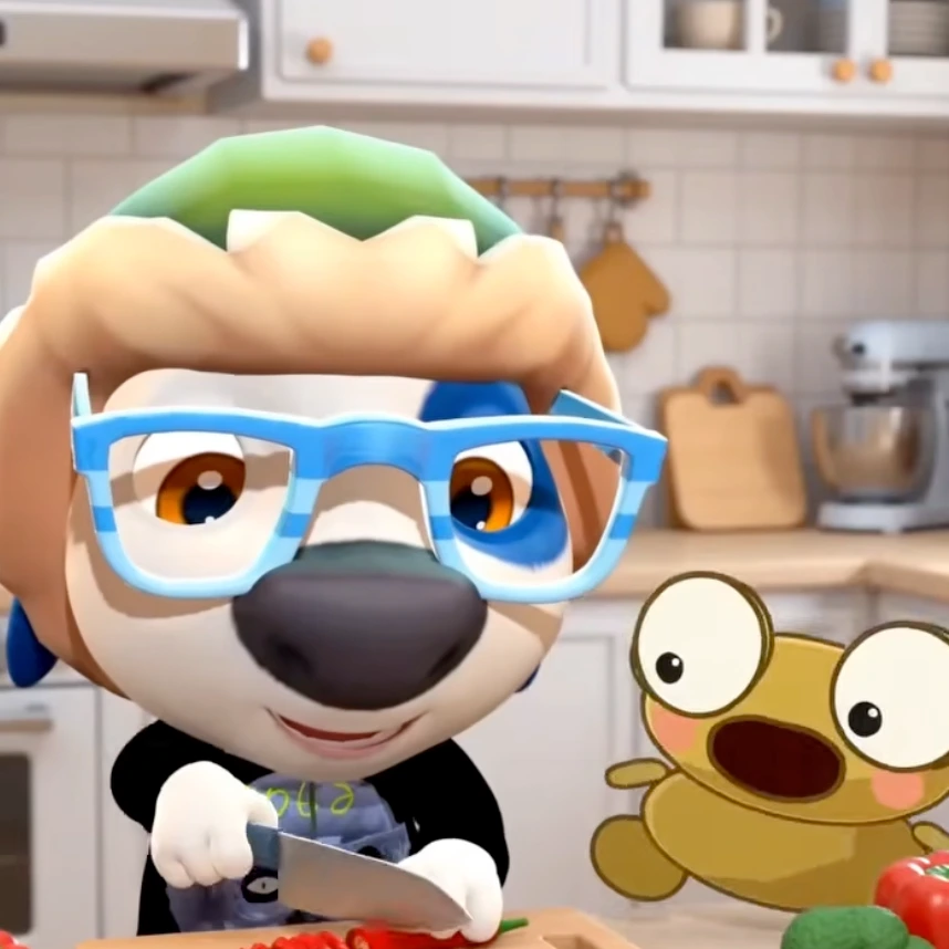 A square food animation frame showing a blue shark character beside wide-eyed Kero in a kitchen, with the original Dola AI mark visible.