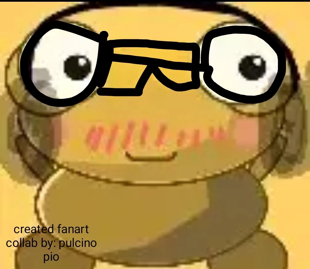 A blurry close-up of a golden Kero with a small smile, with thick black glasses and a pointed nose drawn over his big eyes in bold black lines, pink and red blush strokes across his cheeks, and the words created fanart collab by: pulcino pio in the bottom left corner.