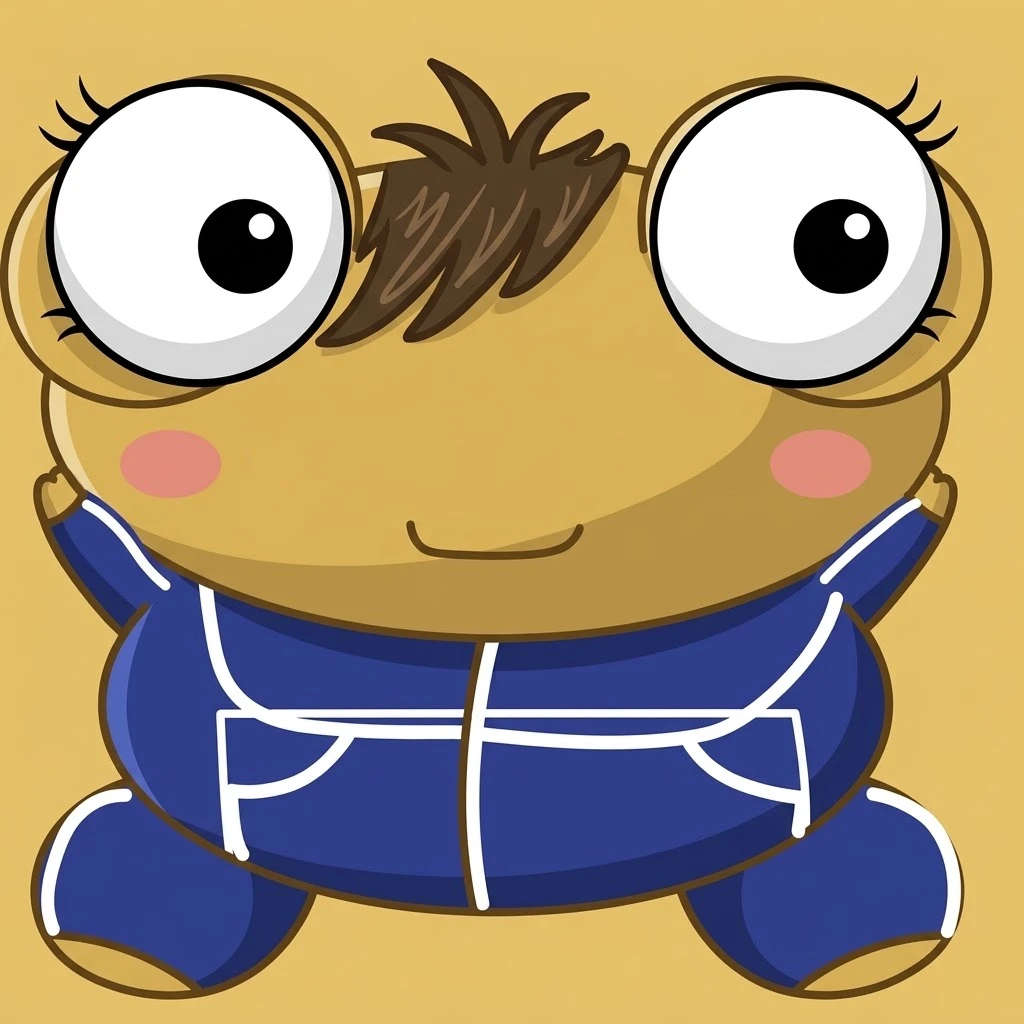 A blushing golden Kero with a brown fringe and huge lashed eyes, puffed up round in a navy tracksuit with white piping, smiling on a golden background.