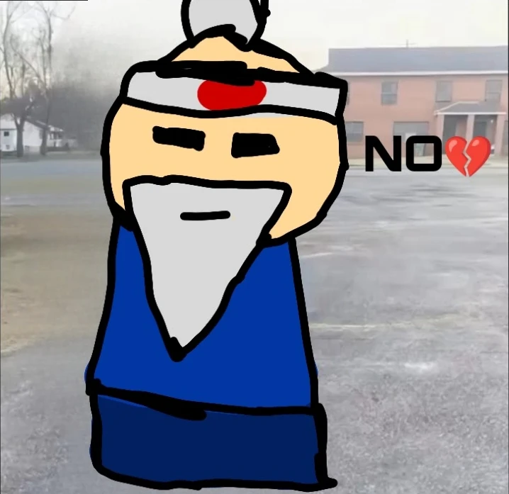 A hand-drawn Sensei with a red-dot headband, white beard and blue robe, drawn over a photo of a car park and houses, with “NO” and a broken heart beside him.