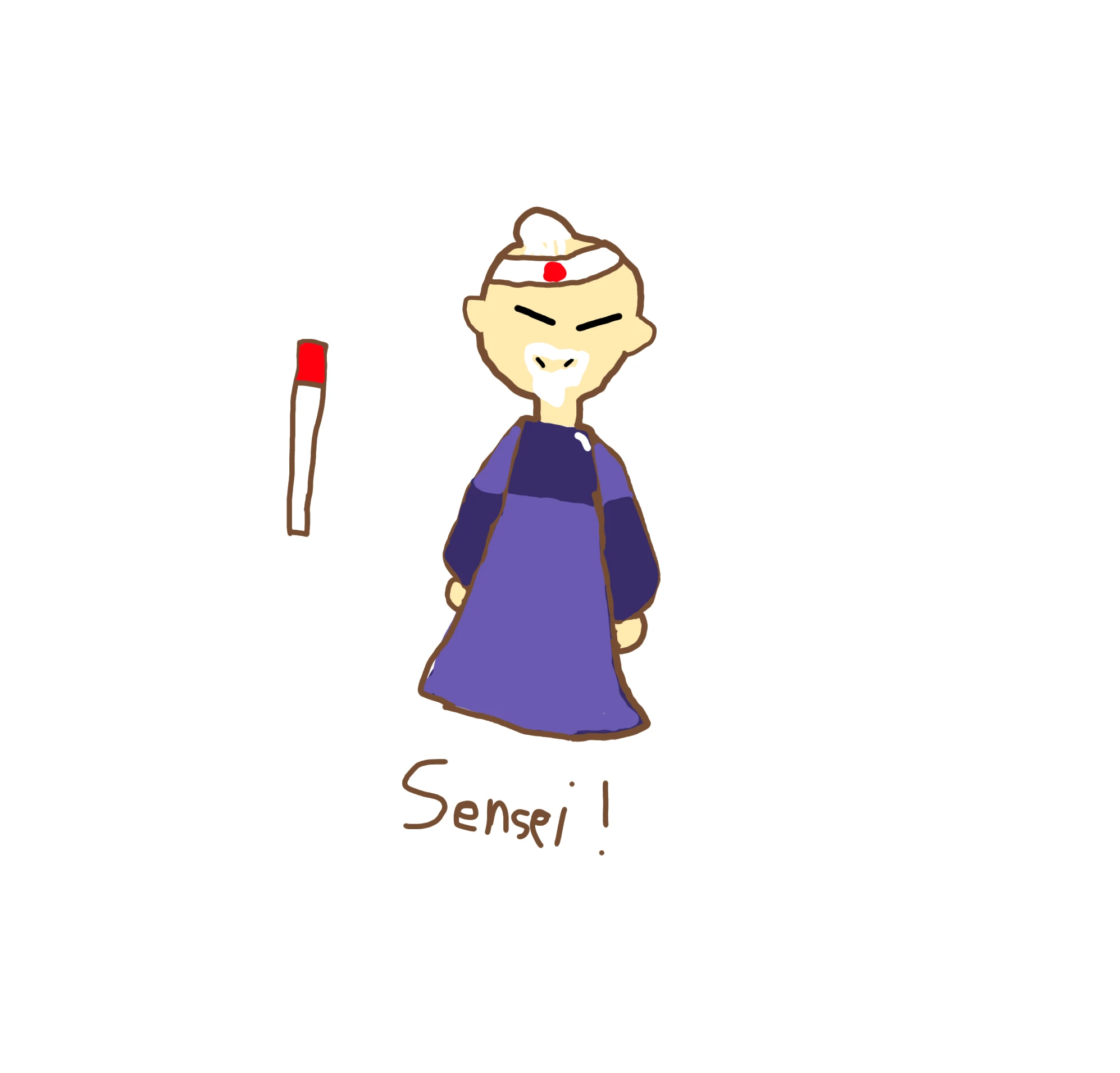 A hand-drawn Sensei with a pale round face, closed eyes, a white topknot, a white headband with a red dot and a white pointed beard, wearing a long purple robe with dark purple sleeves, stands on a white background beside a white stick with a red tip, above the handwritten word Sensei!