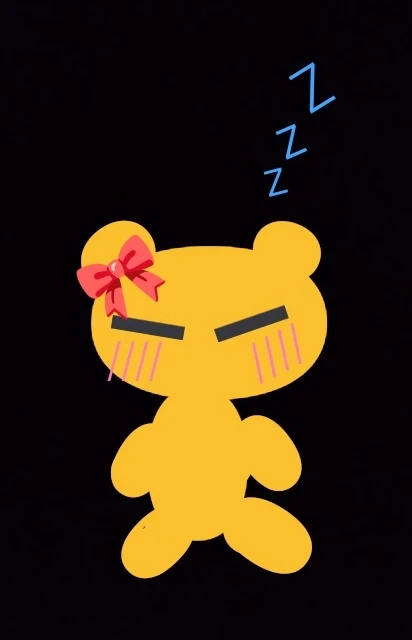 On a black background, a flat golden Kero with two round bumps on top of its head, a red bow on one bump, closed eyes drawn as two dark bars, pink blush lines on its cheeks, stubby arms and two round feet, with three blue Zs rising above it.