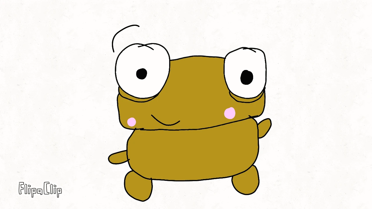 On an off-white paper-textured background, an olive-gold Kero with two big white eyes with black pupils, a single curly hair above one eye, pink cheeks, a small curved smile, a wide round body, two stubby arms and two round feet. The FlipaClip app mark is in the bottom-left corner.