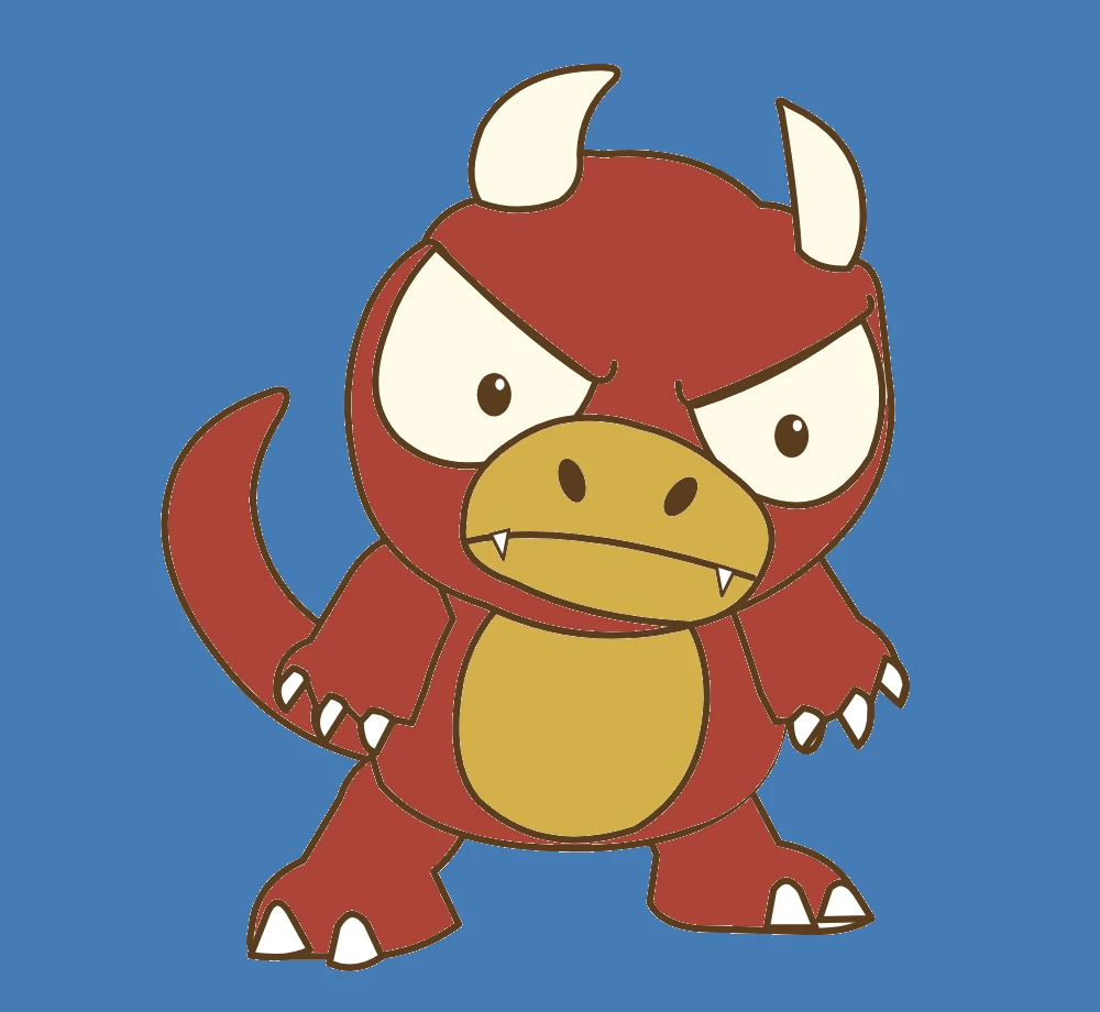 On a plain steel blue background, a red dragon-like Goro with two white horns, angry white eyes under heavy brows, a tan snout with two small white fangs, a tan belly, white claws and a curled tail stands facing forward.